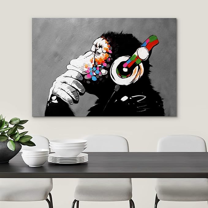 SIGNWIN Framed Canvas Wall Art Banksy Thinking Monkey with Headphones Graffiti & Street Art Famous People Pop Art Modern Urban Multicolor for Living Room, Bedroom, Office - 16x24 inches