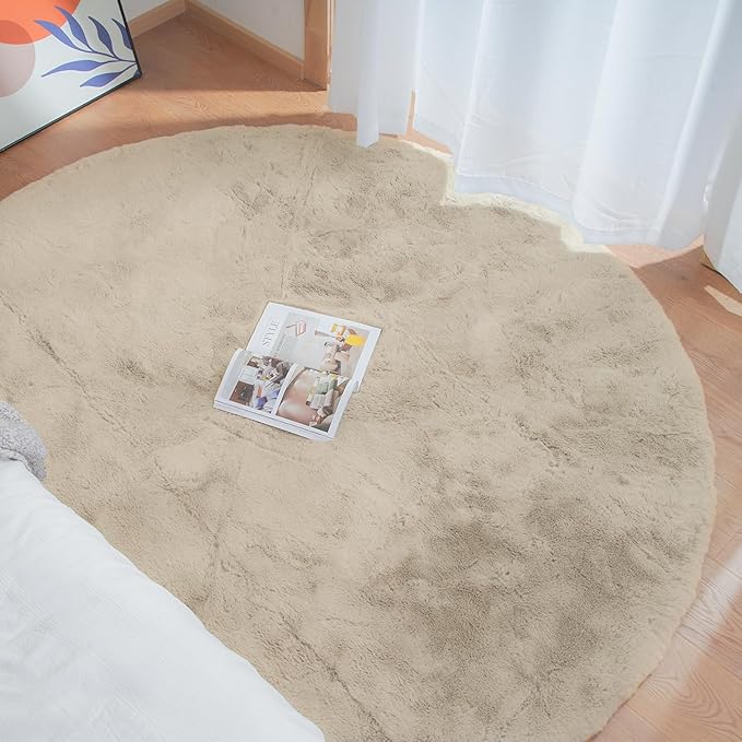 Round Rugs 8ft Shag Washable Fluffy Area Rugs for Bedroom Light Brown Beige Large Circle Faux Rabbit Shaggy Fur Rug for Living Room Nursery Rug