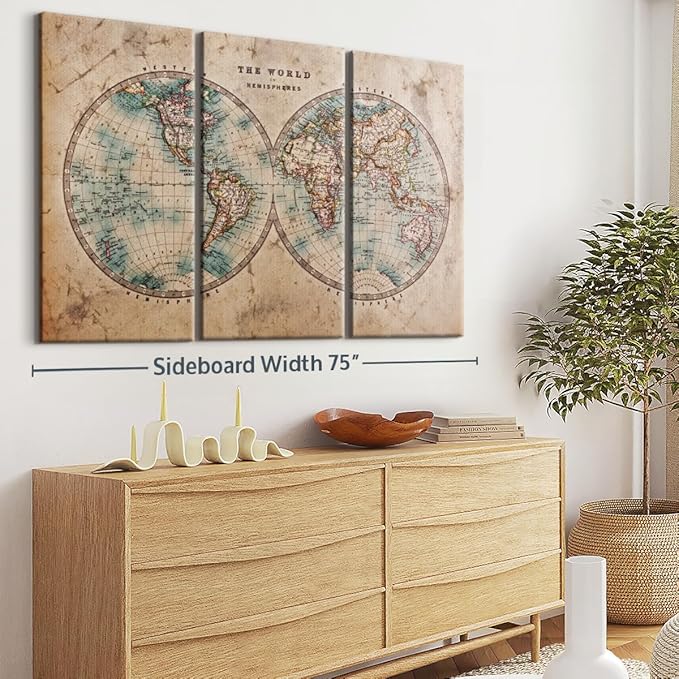 ElephantStock Hemisphere Map Wall Art Multi Piece Canvas - 3 Piece Canvas World Map Wall Decor - Wall Decor - Vintage Wall Art - 74" X 48"