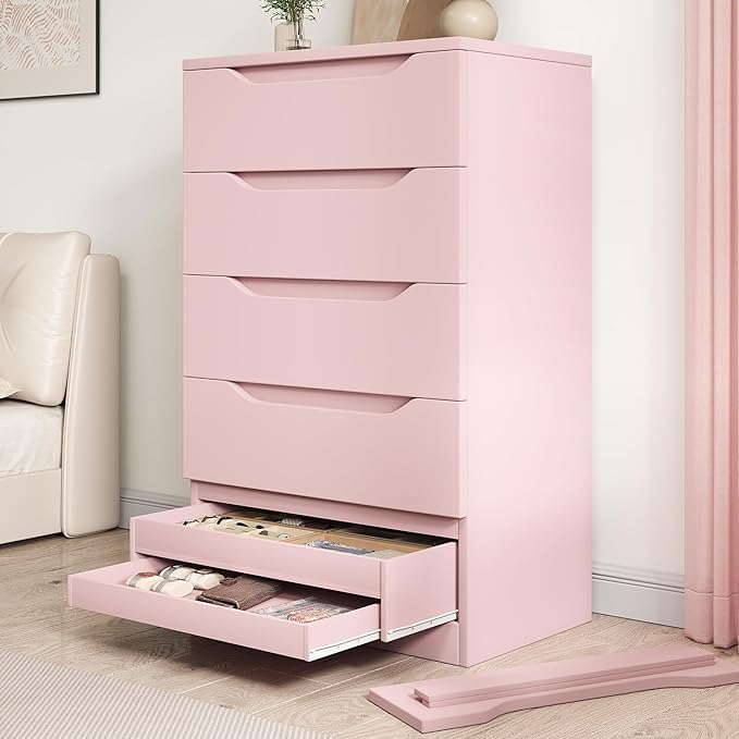 Pink Tall 5 Drawer Dresser for Bedroom with Hidden Storage Design, Large Modern Closet Dressers & Chests of Drawers with Cut-Out Handles, 27.6" L*15.8" W*45.3" H for Bedroom, Living Room, Nursery