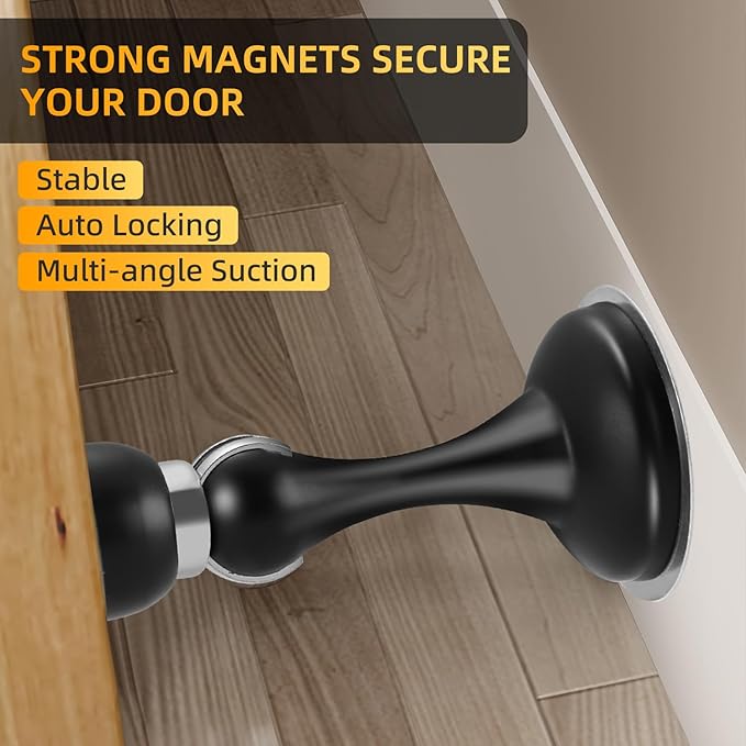 4 Pack Magnetic Door Stop No Drilling Door Stop with 3D Adhesive Tapes Keep Door Open Door Stainless Steel Screws for Stronger Mount (Black)