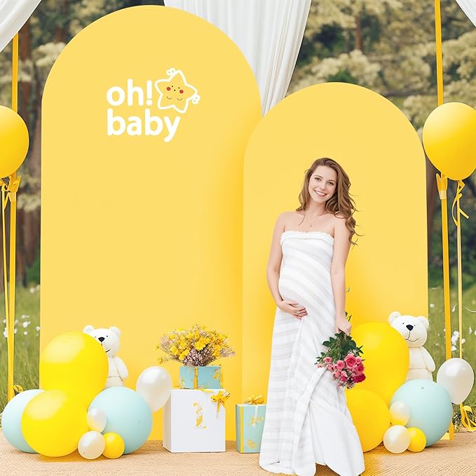 7.2FT Wedding Arch Cover Yellow Gold Spandex Fitted Wedding Arch Stand Covers Round Top Chiara Backdrop Cover for Birthday Party Ceremony Banquet Decoration