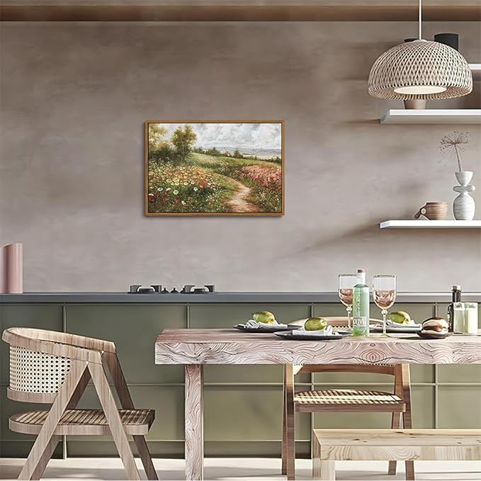 OIQArtOIQ Vintage Landscape Framed Wall Art Summer Countryside Wildflower Field Path Canvas Art Prints Farmhouse Cottagecore Pictures Wall Decor Rustic Meadow Paintings Artwork For Kitchen Bedroom