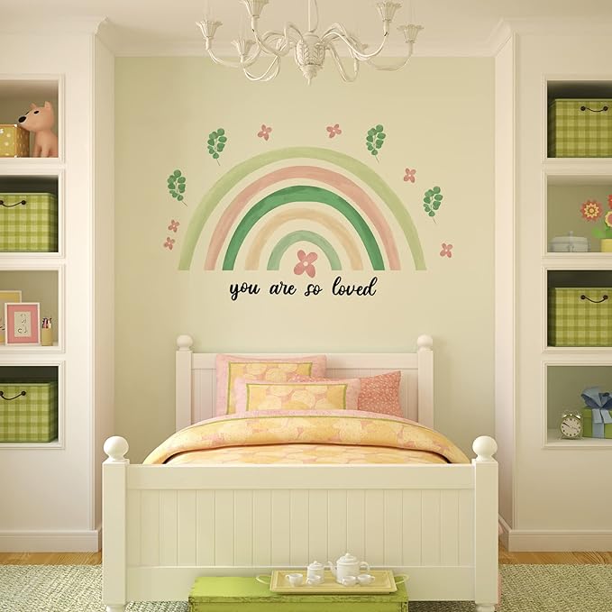 Containlol Rainbow Wall Decals, Playroom Wall Decor for Girl Room, Watercolor Peel and Stick Wallpaper, Boho Wallpaper 30 x 14 Inch Heart Art Stickers for Toddler Bedroom Nursery(Green,Fresh)