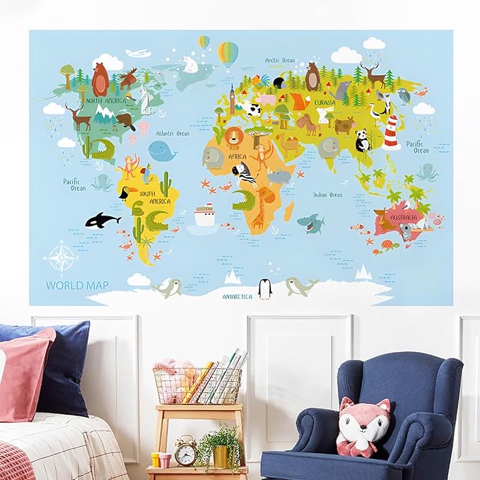 Animal World Map Wall Decals Kids Educational Learning Landmarks Wall Stickers Jungle Wild Animal Wall Art Decal Removable World Map Simple Cute Animal Wall Murals for Kids Calssroom Decor
