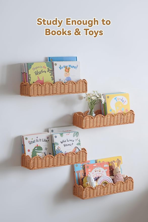 Nursery Book Shelves Set of 4, Metal & Plastic Artificial Rattan Scalloped Book Shelf 15.8", Cute Floating Bookshelf for Kids Bedroom Farmhouse Decor
