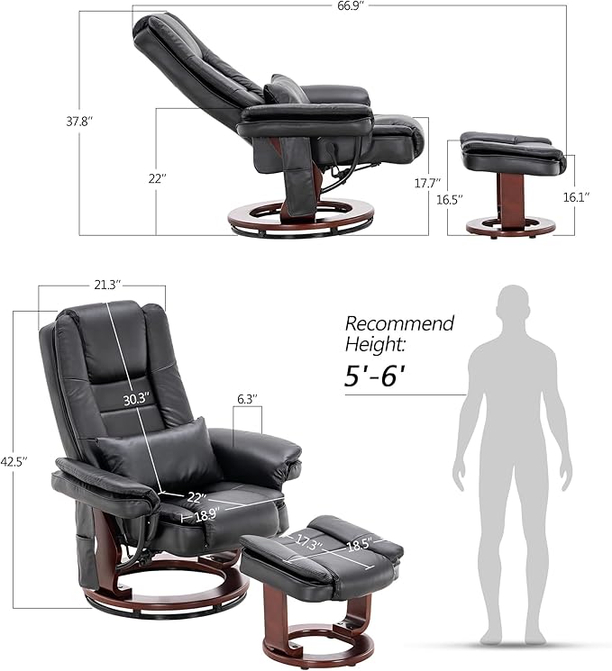MCombo Swivel Recliner with Ottoman Chair, TV Chair Sets with Vibration Massage, for Small Space Living Room Bedroom 9096 9099 (Textile, Black)