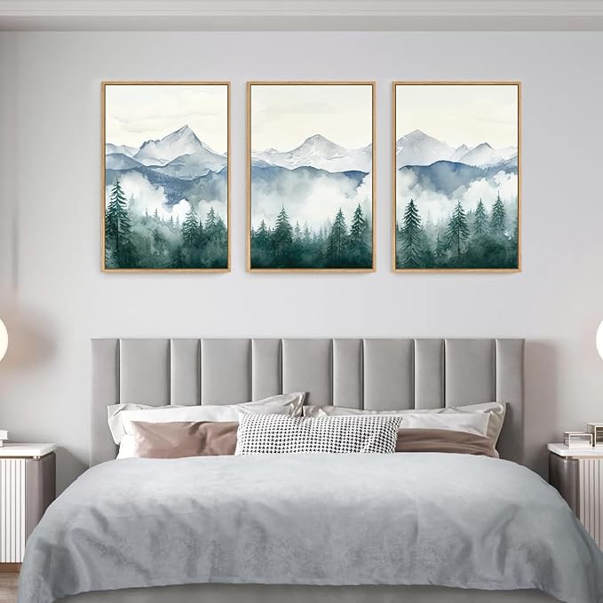 FWIEXA Mountain Framed Wall Art Set of 3, Large Mountains Canvs Pictures Wall Decor, Misty Forest Wall Painting, Foggy Nature Art Photos, 16x24 Inches for Living Room, Bedroom, Office, Home