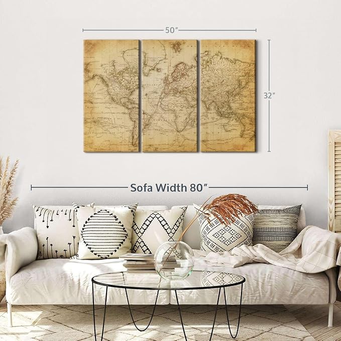ElephantStock Old Century World Map Wall Art Multi Piece Canvas - 3 Piece Canvas World Map Wall Decor - Ready-to-Hang Print - Vintage Wall Art - 50" X 32"