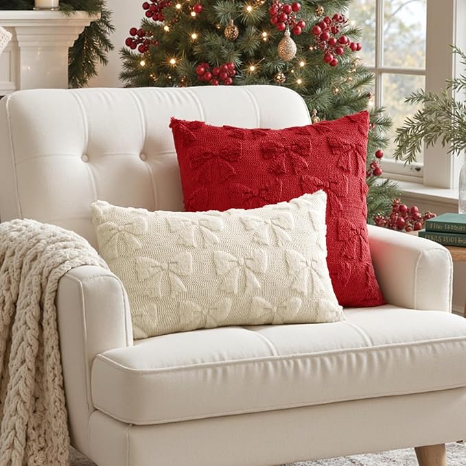 MIULEE Christmas Red Bow Pillow Covers Coquette Room Decor Aesthetic Set of 2 Decorative Cute Girl Throw Pillow Soft Plush Faux Pillowcase for Girl Bed Couch Sofa,18x18 Inch
