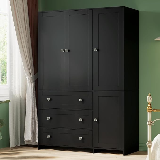 VOWNER Armoire Wardrobe Closet with Drawers and Mirror, 71" Clothing Storage Cabinet with Hanging Rod, 4 Doors Wooden Wardrobe Cabinet for Bedroom, Large Capacity Storage