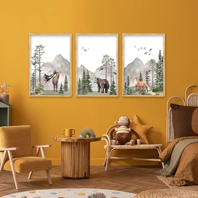 Set Of 3 Wild Woodland Nursery Animals Wall Art Decor 16x24 Inch Nursery Foggy Forest Deer Bear Fox Posters Wood Framed Sign Modren Children's Boys Girls Room Watercolor Prints Hang (Wood)