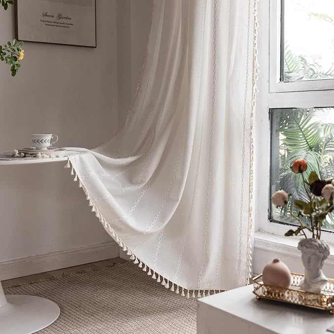 Deeprove White Boho Curtains 72 inches Long with Tassel for Bedroom Living Room, Bohemian Moroccan Sheer Embroidery Rustic Farmhouse Cotton Linen French Country Window Drape, W52 x L72, 1 Panel