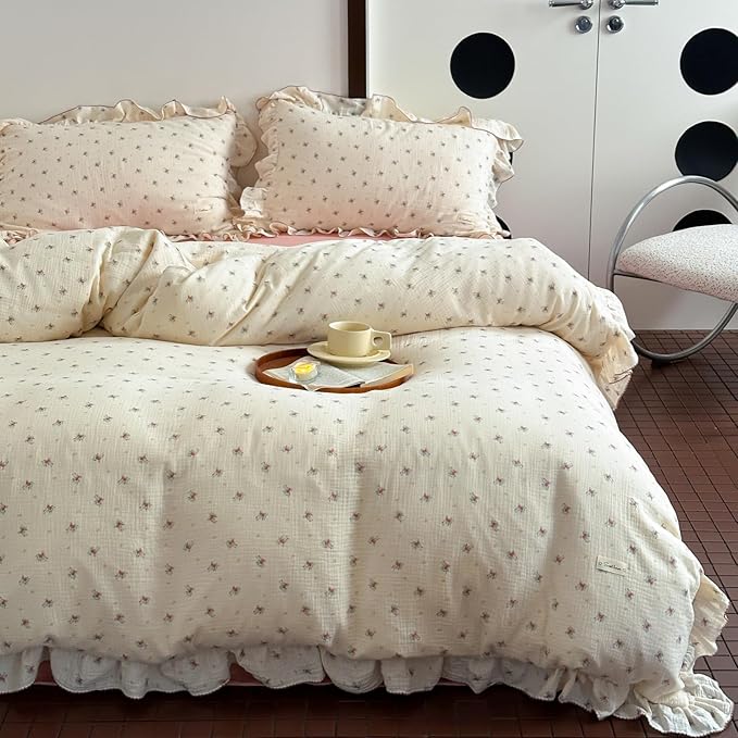 AOJIM Muslin Cotton Kids Adults Duvet Cover 1 Piece with Pink Berry Pattern Super Soft Comforter Cover 79X90'', Comfy Ruffled Edge Bedding Duvet Cover 2-Layer Gauze for Room Decor, Machine Washable