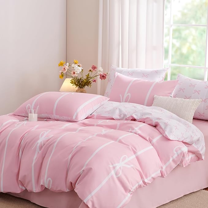 Pink Bow Duvet Cover Queen Coquette Bedding Set for Girls Kids Cute Princess Style Bowknot Bedding Ultra Soft Microfiber Duvet Cover Set with 2 Pillowcases(No Comforter)