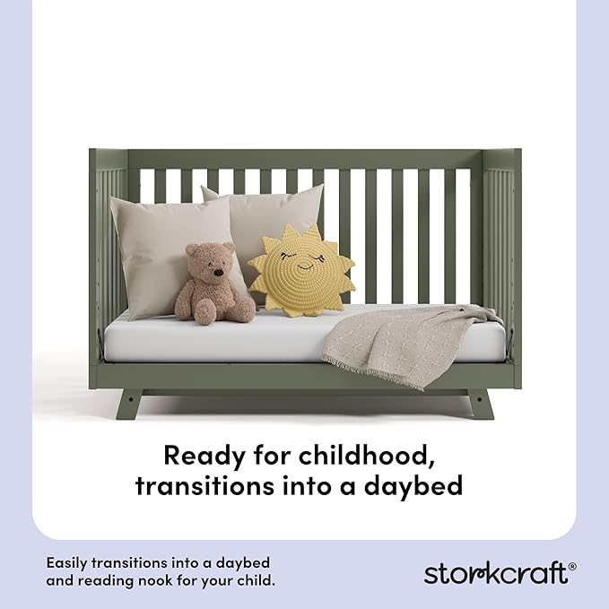 Storkcraft Beckett 3-in-1 Convertible Crib (Olive) – GREENGUARD Gold Certified, Fits Standard Crib Mattress, Converts to Toddler Bed and Daybed, 4 Adjustable Mattress Heights, Grow-with-Me Design