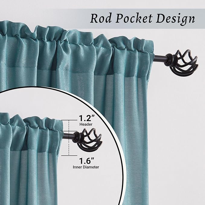Melodieux Teal Velvety Semi Sheer Curtains 96 Inch Length for Bedroom, Living Room Natural Cotton Texture Rod Pocket Window Sheer Drapes, 52 by 96 Inch (2 Panels)