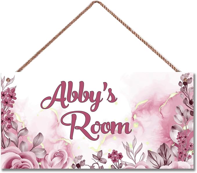 Personalized Pink Flower Floral Kids Room Door Sign Custom Name Boys Girls Bedroom Decor Wall Art Toddler Baby Nursery Wood Plaque