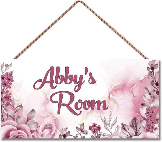 Personalized Pink Flower Floral Kids Room Door Sign Custom Name Boys Girls Bedroom Decor Wall Art Toddler Baby Nursery Wood Plaque