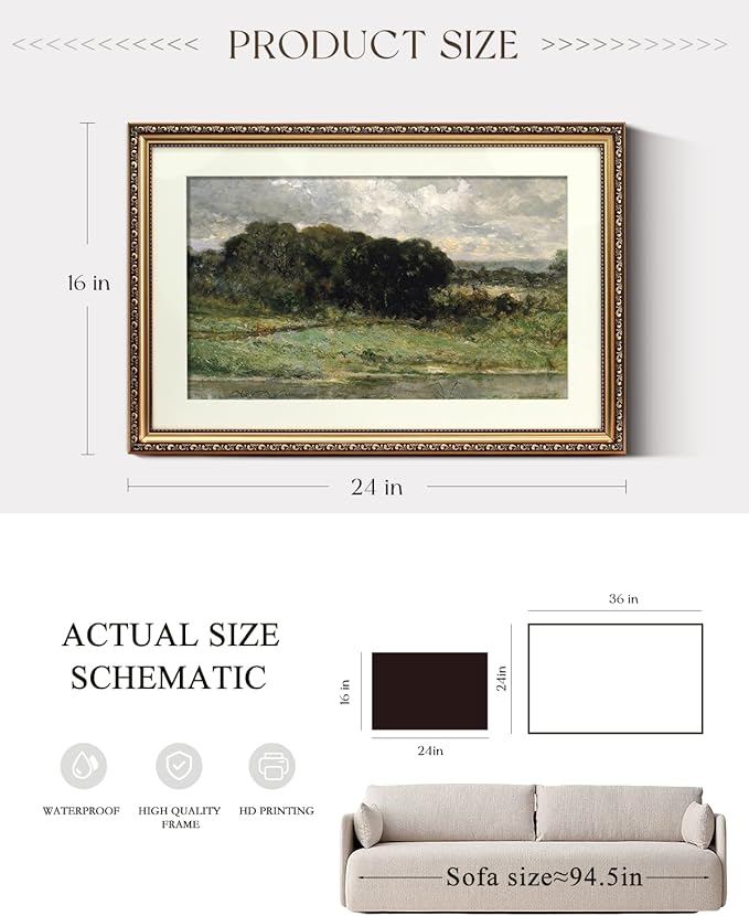 ARPEOTCY Vintage Gold Framed Large Wall Art, Swale Land Scenery Retro Paintings, Landsacpe Canvas Prints Artwork with Antique Frame, Victorian Wall Picture Decor for Gallery Living Room 16x24 inch