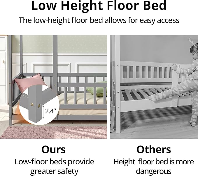 LLS Twin Floor Bed Frame with Roof, Wooden Montessori Bed with Fence, House Bed for Boys Girls Bedroom, Gray