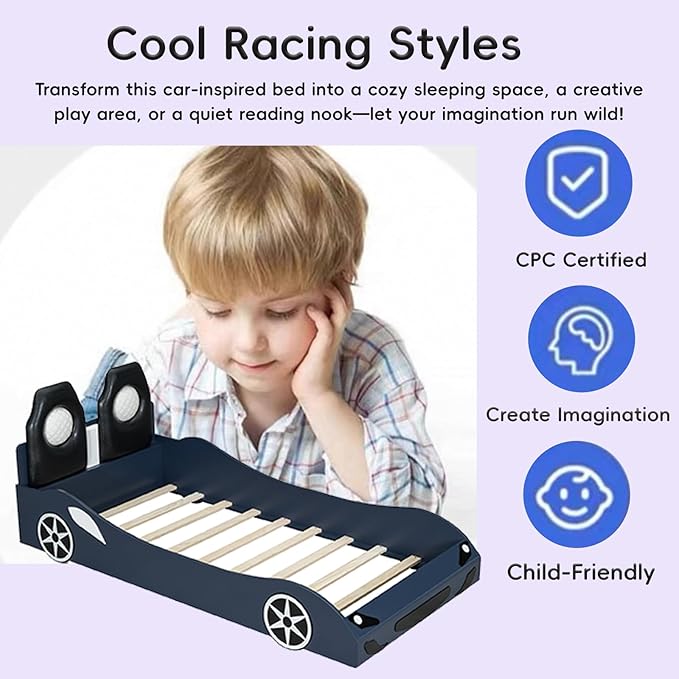 Kids Car Bed Frame Twin Size Car-Shaped Platform Bed with LED Lights and Upholstered Backrest, Solid Wood Car Bed Frame with Wheels and Guardrails for Boys Girls, Blue