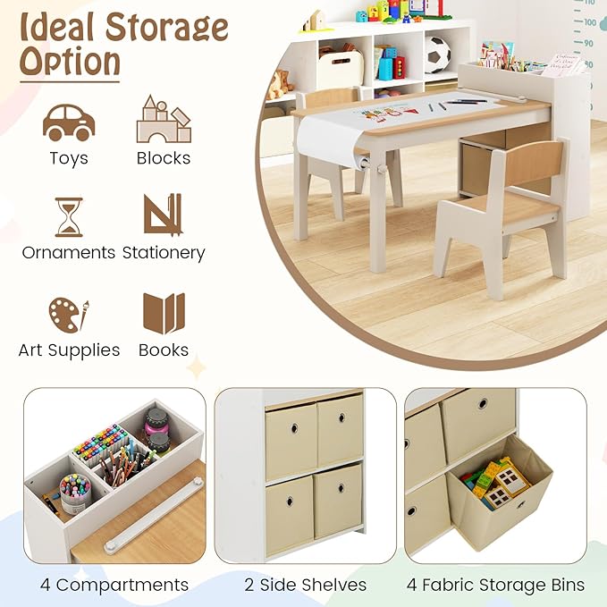 Costzon Kids Table and Chairs, 3 in 1 Wooden Art Drawing Table with 2 Chairs, 4 Fabric Bins, Multiple Open Storage Compartments & a Paper Roll, Toddler Table and Chair Set (Natural)