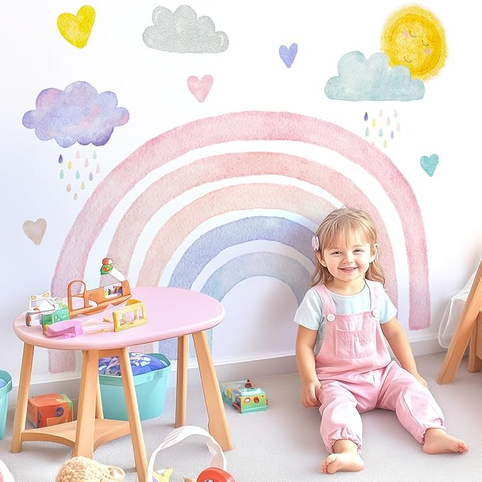 Large Boho Rainbow Wall Decals, Clouds Sun Hearts Peel and Stick Fabric Nursery Wall Decor, Removable Home Room Wall Decor Murals Stickers for Kids Girls Toddler Bedroom Living Room Playroom