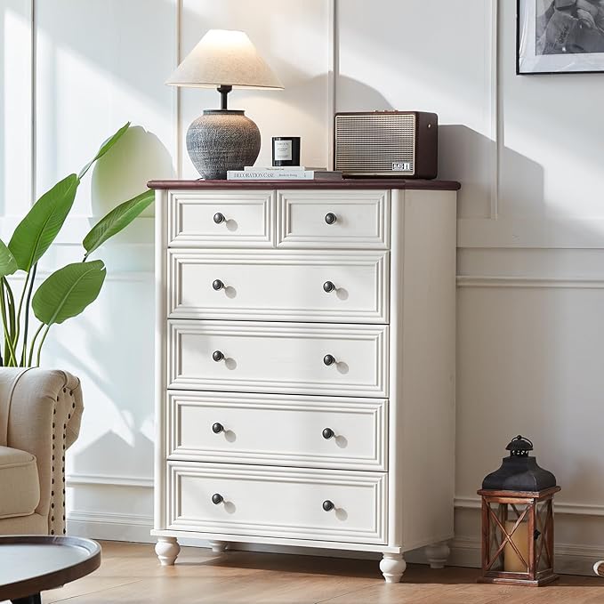 Farmhouse 6 Drawer Dresser Set of 2, Chest of Drawers for Bedroom, 43.5" Tall White Dresser with Roman Column, Rustic Wood Storage Dressers Organizer for Living Room, Hallway, Closet