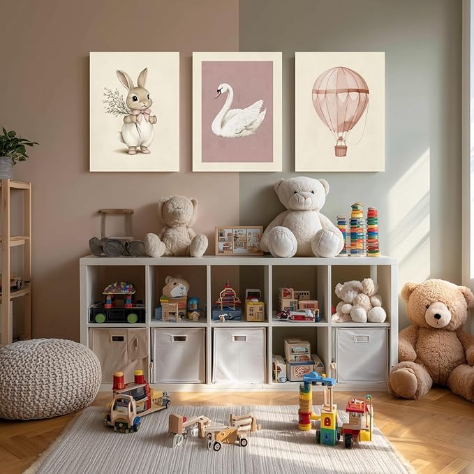 kilamino Pink Baby Girl Nursery Wall Art, Neutral Cute Rabbit and Swan Wall Decor, Vintage Hot Air Balloon Poster Prints, Pastel Bunny Animals Canvas Paintings for Baby Room Playroom Framed 12"x16"x3