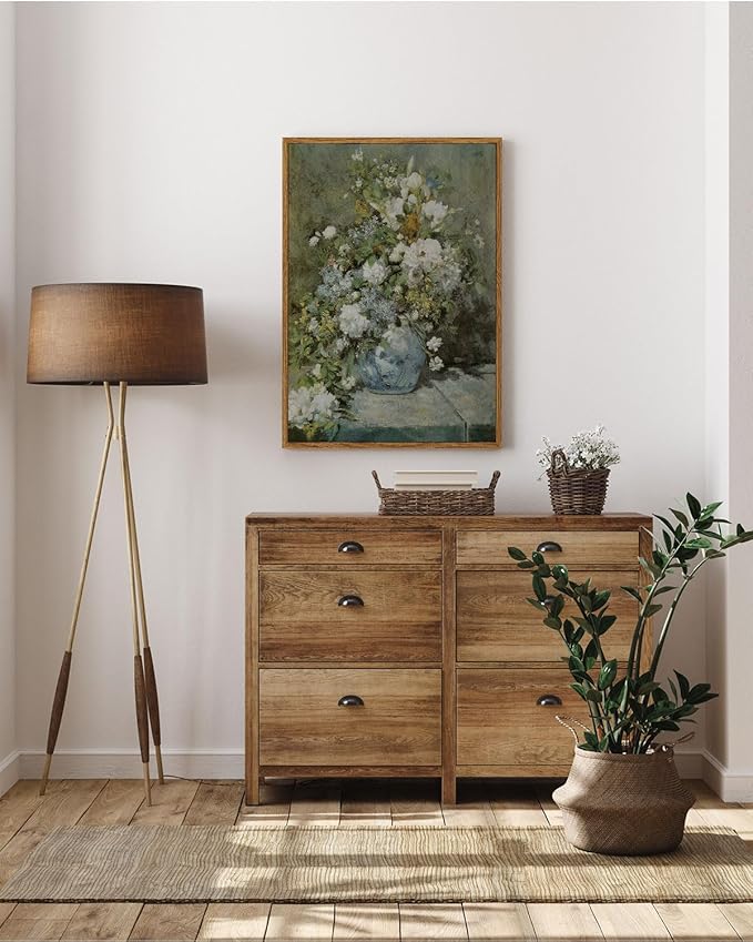 ARPEOTCY Framed Canvas Print Wall Decor, Vintage French Flower Spring Botanical Wall Art Home Decor, Ceramic Vase Floral Farmhouse Large Oil Painting for Living Room, Office Decoration, 16x24 inch