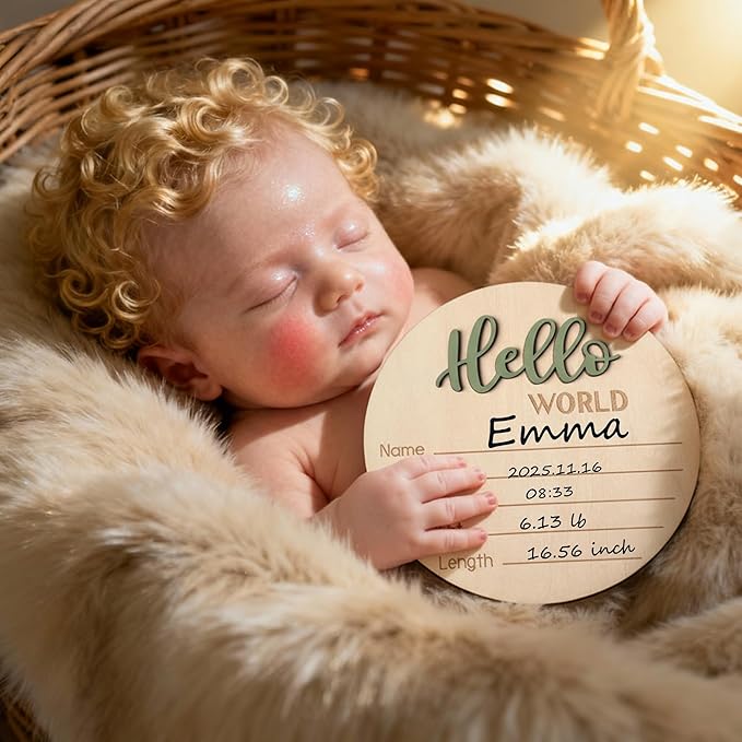 Baby Announcement Sign with Pen, 5.9 Inch Wooden Hello World Newborn Sign for Hospital, 3D Birth Announcement Board, Welcome Baby Name Signs for Nursery, Newborn Gift for Boy & Girl,Green