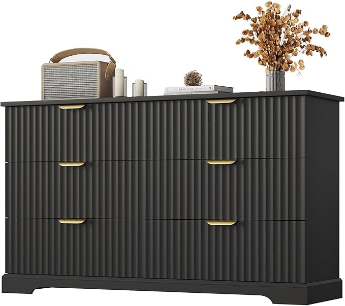 Fluted Dresser with 6 Drawers for Bedroom, 53.14" Wide Dresser with Metal Handle, Wooden Chest of Drawers for Bedroom, Living Room, Entryway, Black
