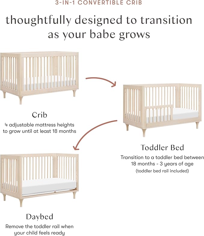 babyletto Lolly 3-in-1 Baby Crib Convertible to Toddler Bed & Daybed - GREENGUARD Gold Certified - 4 Adjustable Heights - Includes Toddler Conversion Kit - Made of 100% Solid Wood - Washed Natural