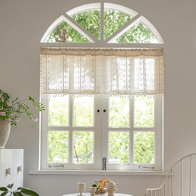 Deeprove Ivory Boho Valance Kitchen Short Curtain, Textured Striped Drape Semi Sheer Privacy Tier Embroidered Chic Window Treatment for Cafe Restaurant Closet, W52 x L18 inch Single 1 Panel