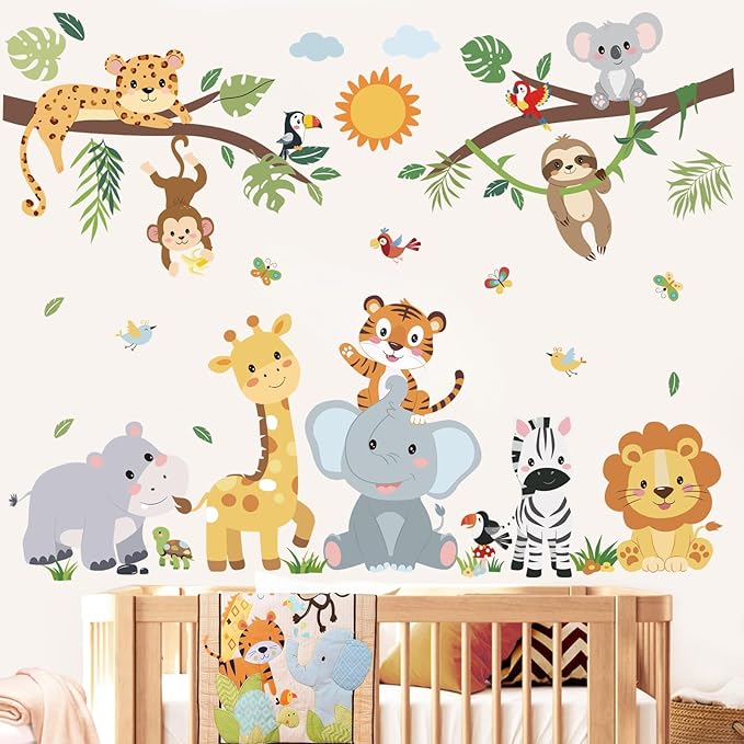 decalmile Safari Animals Wall Stickers Jungle Tree Branch Giraffe Elephant Wall Decals Baby Nursery Kids Bedroom Playroom Home Decor