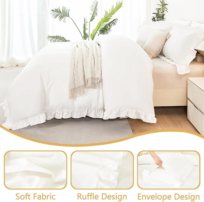 3 Pieces Queen Bedding Cover Set Ruffle Kids Duvet Quilt Covers Soft Fluffy White Comforter Duvet Cover Sets for Girls Teens Boys(White, Queen)