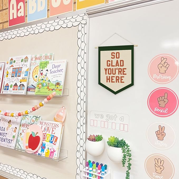 Vintage Classroom Welcome Sign Decor,So Glad You're Here Linen Canvas Banner, Therapy Office Wall Door Hanging Pennant Flag Banner for Classroom Preschool Decor, Teacher Gifts, 15x11