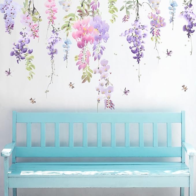 Amaonm 3D Removable Hanging Purple Blue Flowers With Green Leaves Wall Stickers Murals DIY Peel and Stick Flower Vines Floral Wall Decal for Home Wall Corner Kids Bedroom Living Room Nursery Decoration (C)