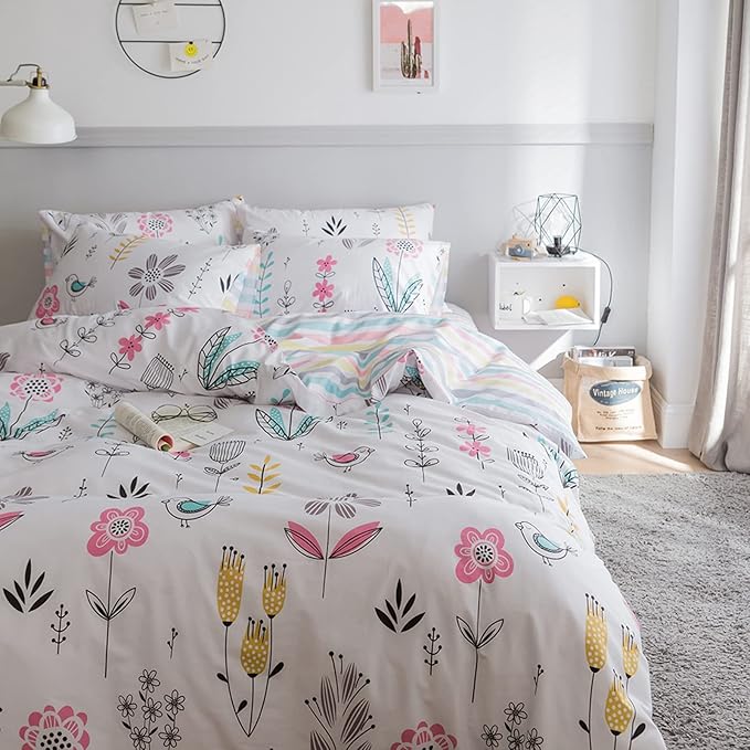 HighBuy Floral Printed Bedding Sets Full Duvet Cover Girls Cotton Comforter Cover Full Size Garden Aesthetic Reversible Striped Bedding Sets 3 Piece Bed Boho Comforter Cover Duvet Cover Set