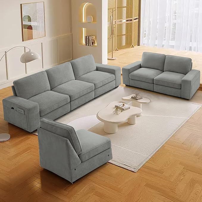 TEKAMON 100" Modular Sofa with Seats Storage, Comfy 3-Seater Chenille Fabric Couch for Living Room, Office, Apart W/Deep Seat, USB Charging, Upholstered Couch with Removable Cover(Light Grey)