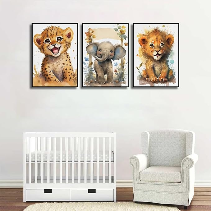 3Pcs Baby Safari Animal Wall Art Jungle Watercolor Animal Wall Decor Picture Painting Nursery Poster Prints Artwork for Boy Girl Room Home Decoration Unframed 16x24 In