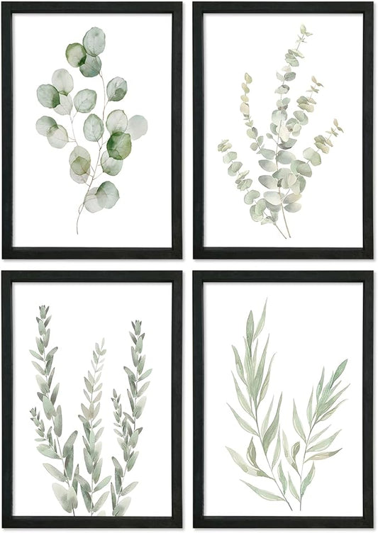 YWJKWLGS Botanical Watercolor Prints Sign Sage Green Eucalyptus Wall Decor 11x16 Inch Set of 4 Minimalist Wood Framed for Bathroom Laundry Room Office Wall Hanging Art (Black)