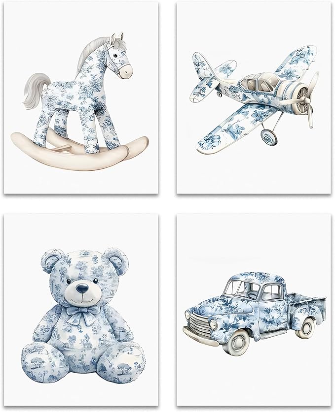 OFJE Chinoiserie Nursery Wall Art Decor Prints Set of 4, Grandmillenial Toy Horse Airplane Bear Truck Wall Art Posters Decor for Kids Girls Boys Room Playroom Bedroom, 8x10 Unframed