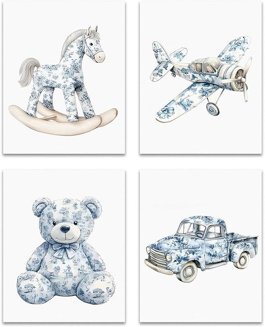 OFJE Chinoiserie Nursery Wall Art Decor Prints Set of 4, Grandmillenial Toy Horse Airplane Bear Truck Wall Art Posters Decor for Kids Girls Boys Room Playroom Bedroom, 8x10 Unframed