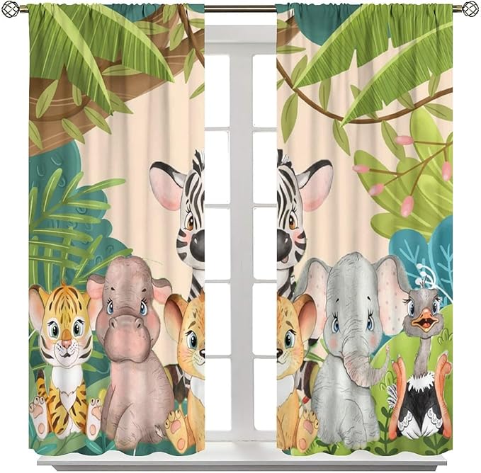 Animals Curtains Colorful Forest Cartoon Cute Zebra Tiger Elephant for Kids Boys Girls Nursery Bedroom Living Room Blackout Rod Pocket Decoration Window Drapes 2 Panels W21xL45in