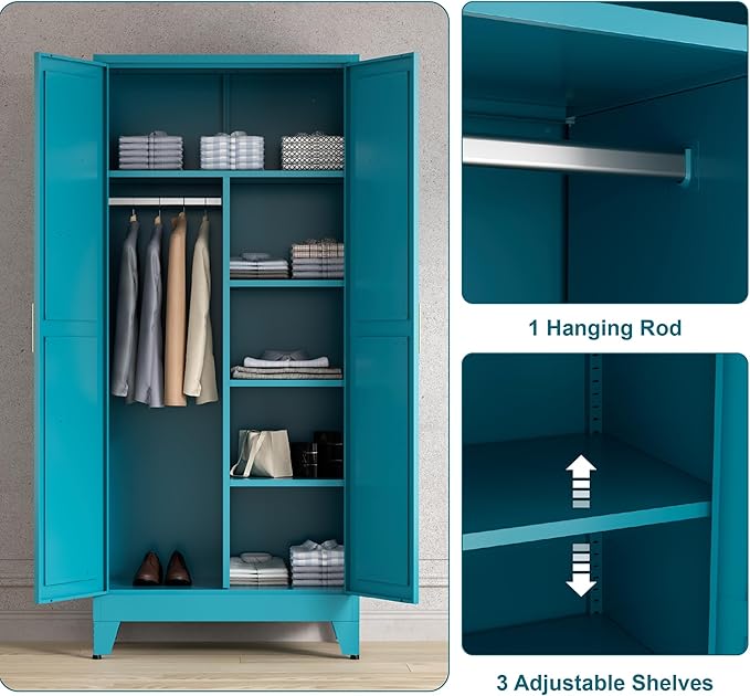 71'' Farmhouse Metal Wardrobe Cabinet with Hanging Rod, 2 Barn Door Wardrobe Closet with 5 Adjustable Shelves,Drawer,for Dining Room,Bedroom,Living Room, Cloak Room,Office (Peacock Blue)