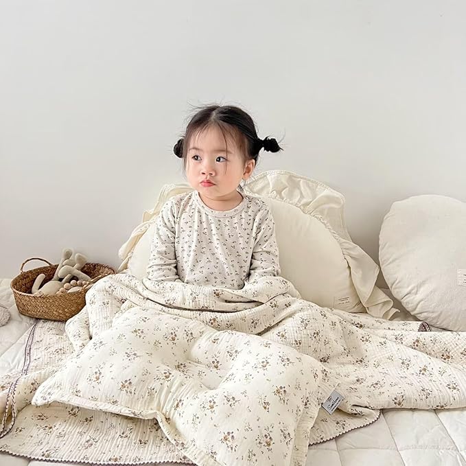 BuLuTu Muslin Toddler Blanket for Crib Toddler Bed Blanket Soft Breathable Swaddle Blankets for Girls Boys, Baby Quilt Summer Blankets with Reversible Crape Floral Pattern, 47"x51"
