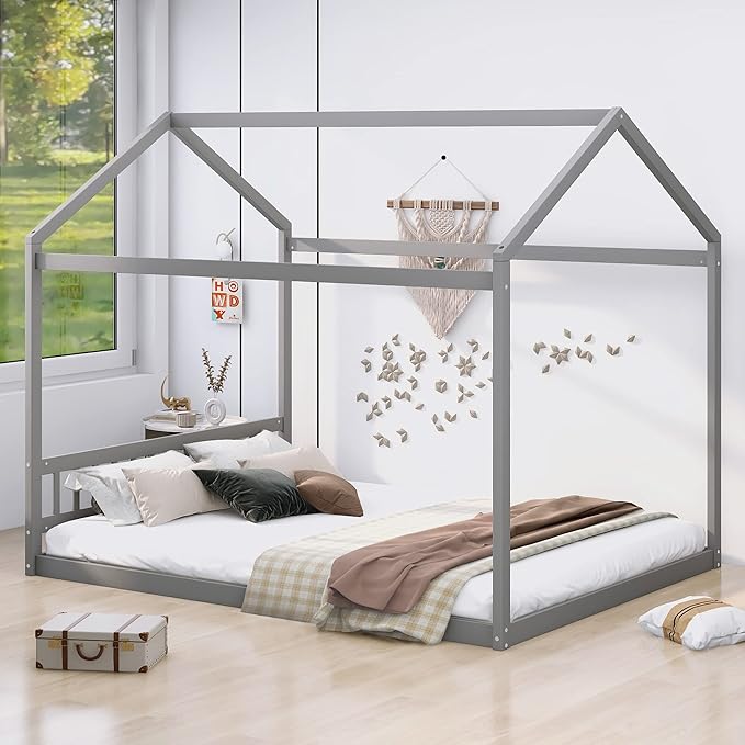 Bellemave Queen House Bed with Roof Wood Montessori Floor Beds for Kids Wood House Floor Bed Frame for Girls Boys Teens Adults, No Spring Box Needed, Gray