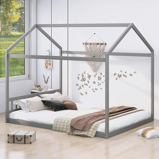 Queen Size Wooden House Bed with Headboard,Bedroom Platform Bed Frame W/ No Box Spring Required,Easy to Assemble/Clean,for Kids Teens Girls Boys,Gray